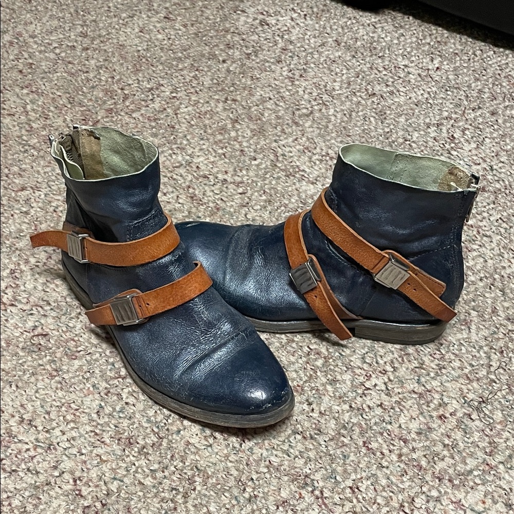 A.S 98 distressed Blue Leather Ankle Boots with Brown Straps